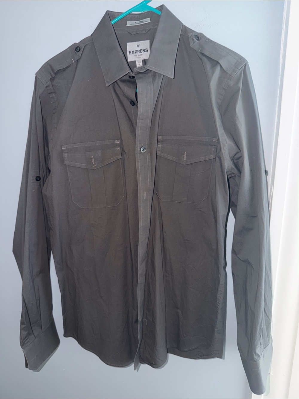 Express 1MX Fitted Shirt Mens Medium Gray Military Utility Button Up Long Sleeve